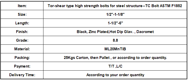Tor-shear type high strength bolts for steel structure--TC Bolt ASTM F1852.png